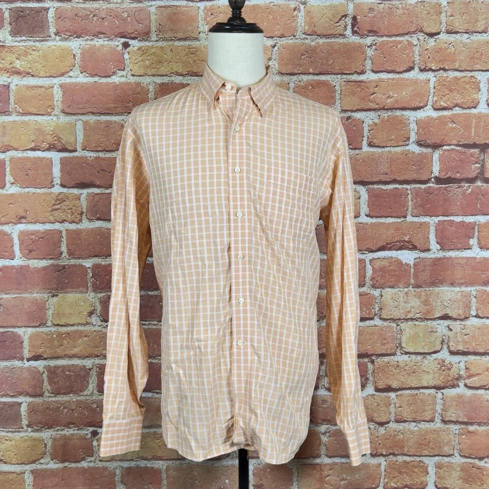 Tommy Bahama Mens Orange Plaid Button Down Long Sleeve Dress Shirt 17.5 36/37 XL